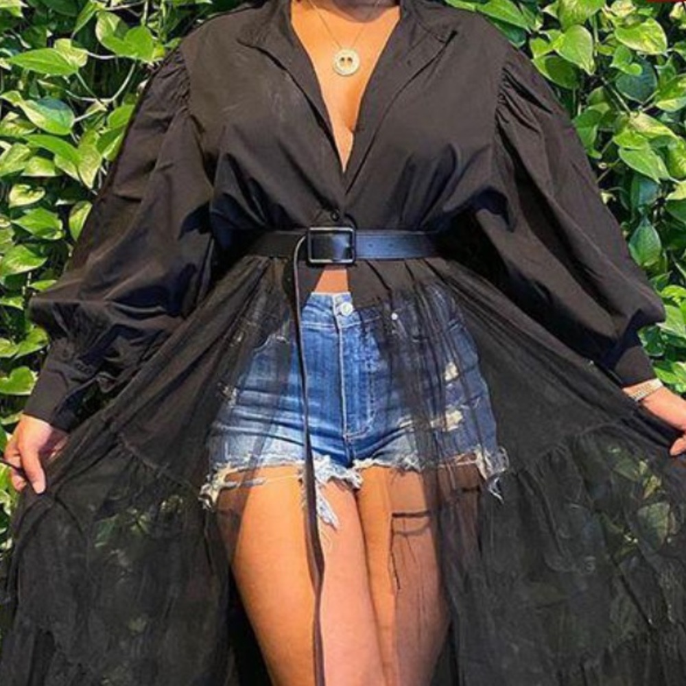 Black Sheer Puff Sleeve Tunic